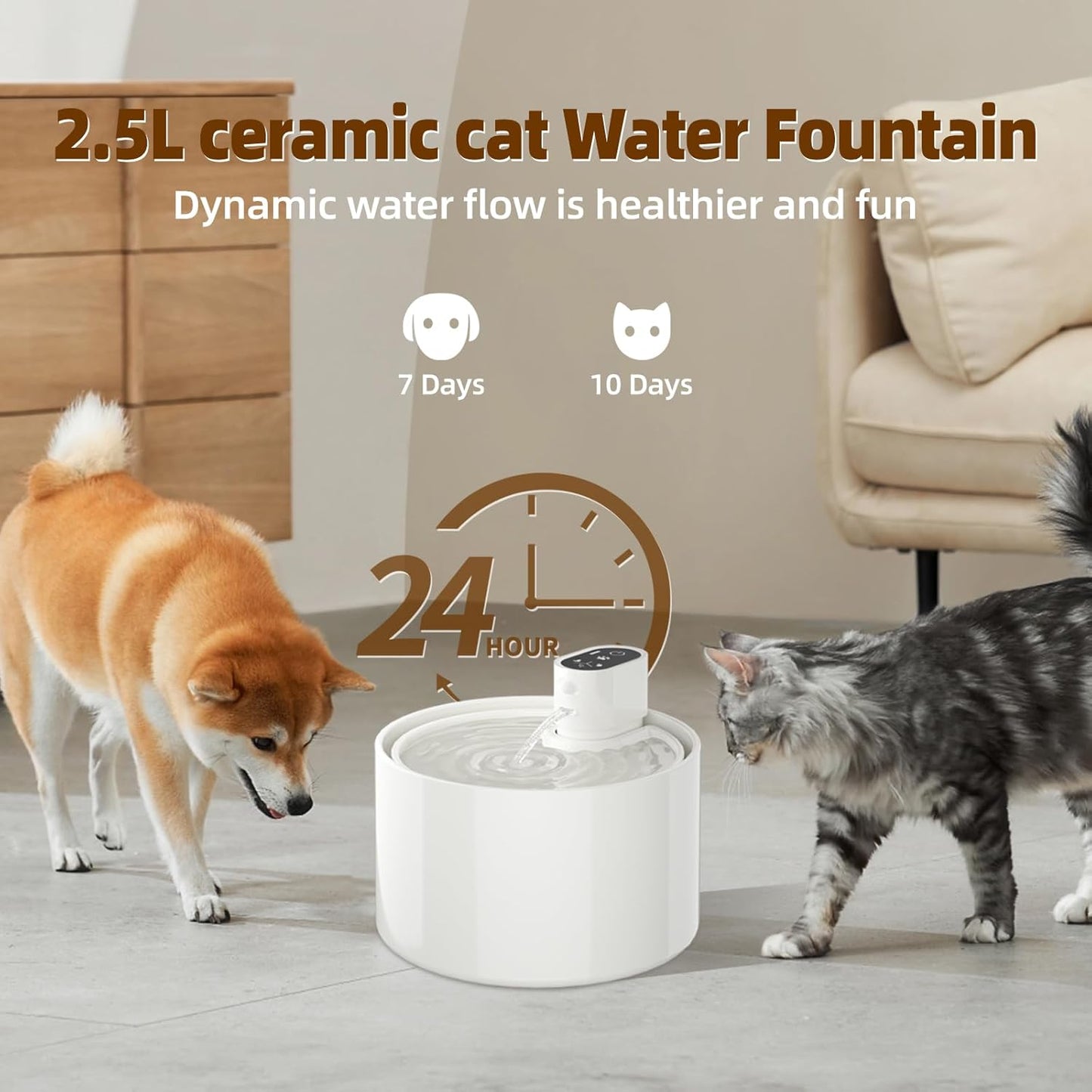 Ceramic Cat Water Fountain,Cat Water Fountain Cordless Automatic with Ultra-Quiet Pump for Cats, Dogs, Multiple Pets
