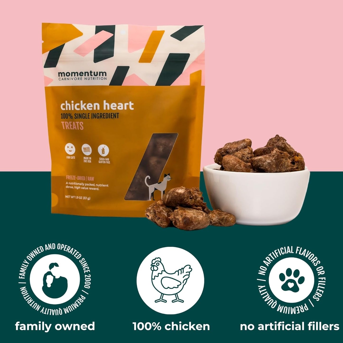 Momentum Carnivore Nutrition Freeze-Dried Chicken Heart Cat Treats – Single-Ingredient, All-Natural, Grain-Free Treats – 1.9 oz Bag