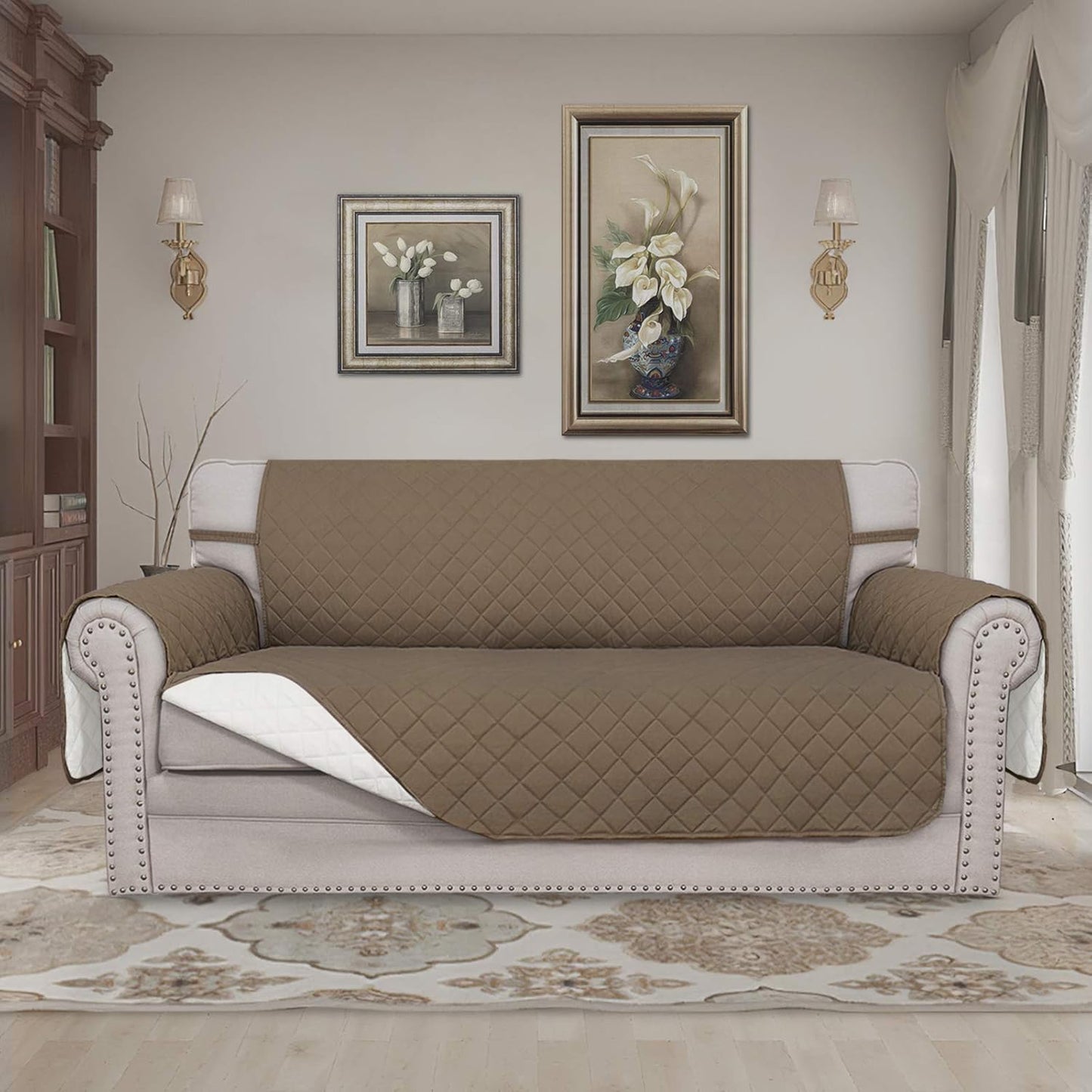 Easy-Going Sofa Slipcover Reversible Loveseat Sofa Cover Couch Cover for 2 Cushion Couch Furniture Protector with Elastic Straps for Pets Kids Dog Cat (Oversized Loveseat, Camel/Ivory)