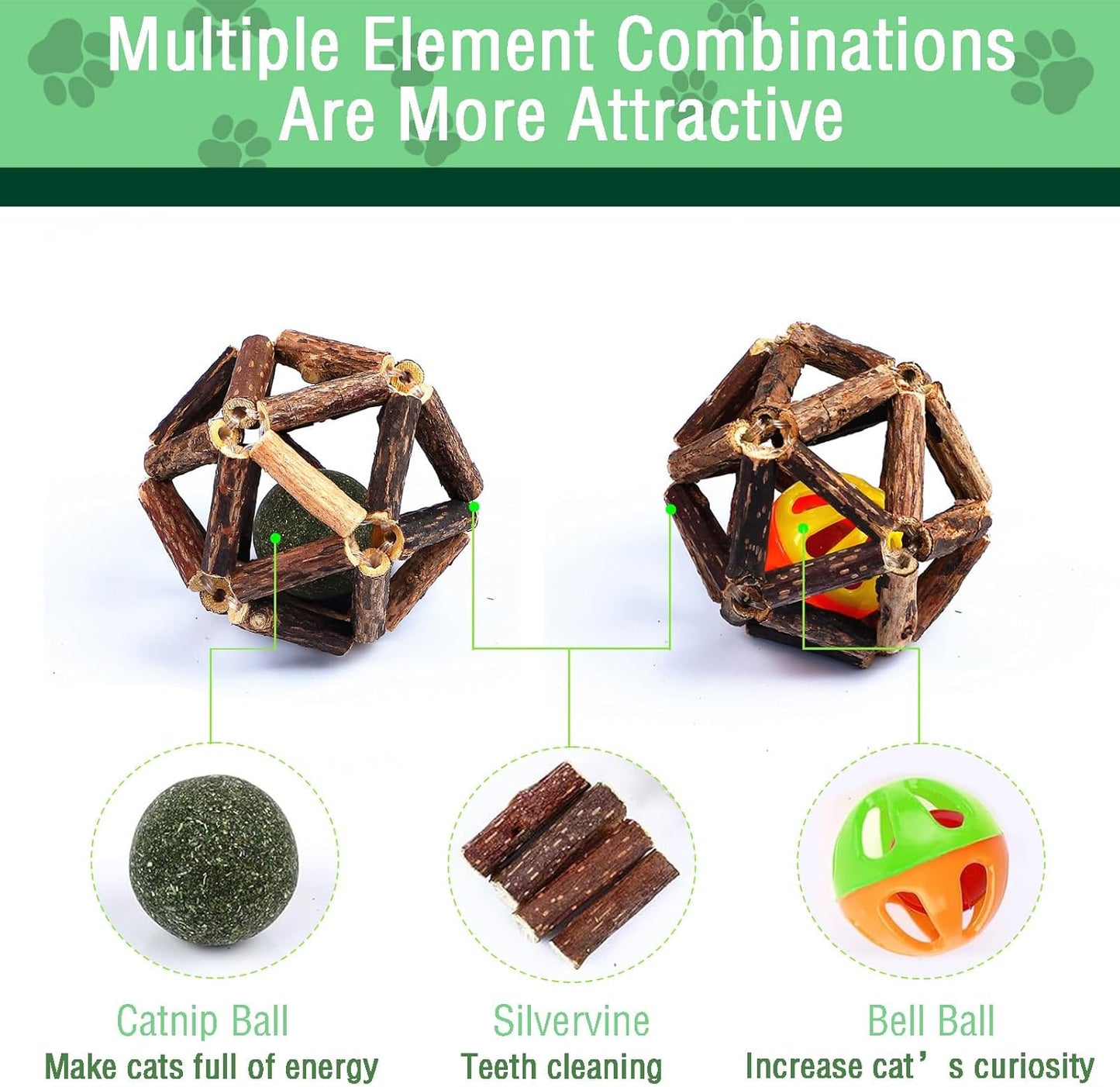 Cat Chew Toys, 4-Pack Silver Vine Cat Toys, Natural Silver Vine Sticks for Cats, Natural Silver Vine Stick Cage Cat Bell Balls for Cleaning Teeth, Increase Appetite, Suitable for Indoor Cats