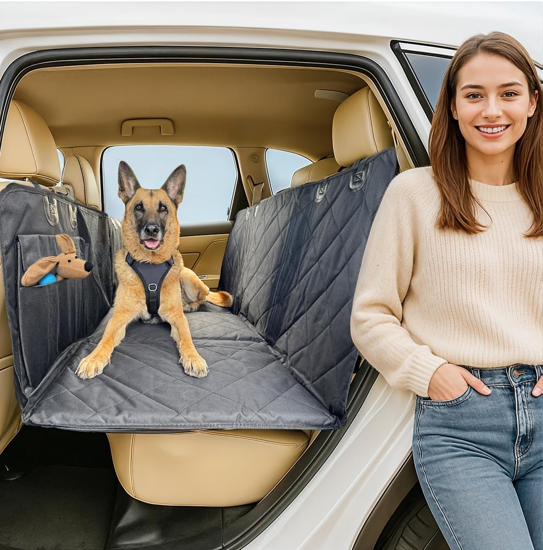 APetsPlanet Dog Car Seat Cover for Back Seat Hard Bottom - Waterproof Backseat Extender for Dogs - Pet Hammock for Car, Truck, SUV - Protector Bed with Mesh Window & Storage - Black, No Door Covers