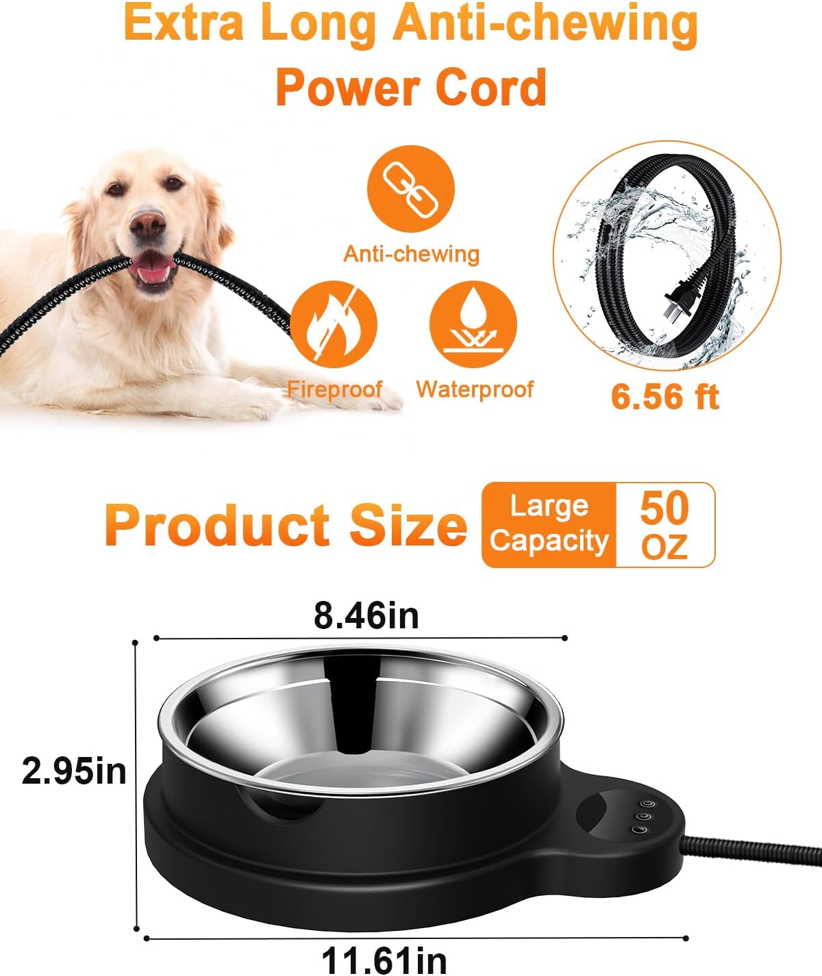 Heated Water Bowl for Dog & Cat, 3 Temperature Settings & 12H Timer, Outdoor Heated Pet Bowl with BPA-Free and 50oz Removable Stainless Steel Bowl, Anti-Chew Cord, for Chickens, Ducks, Birds