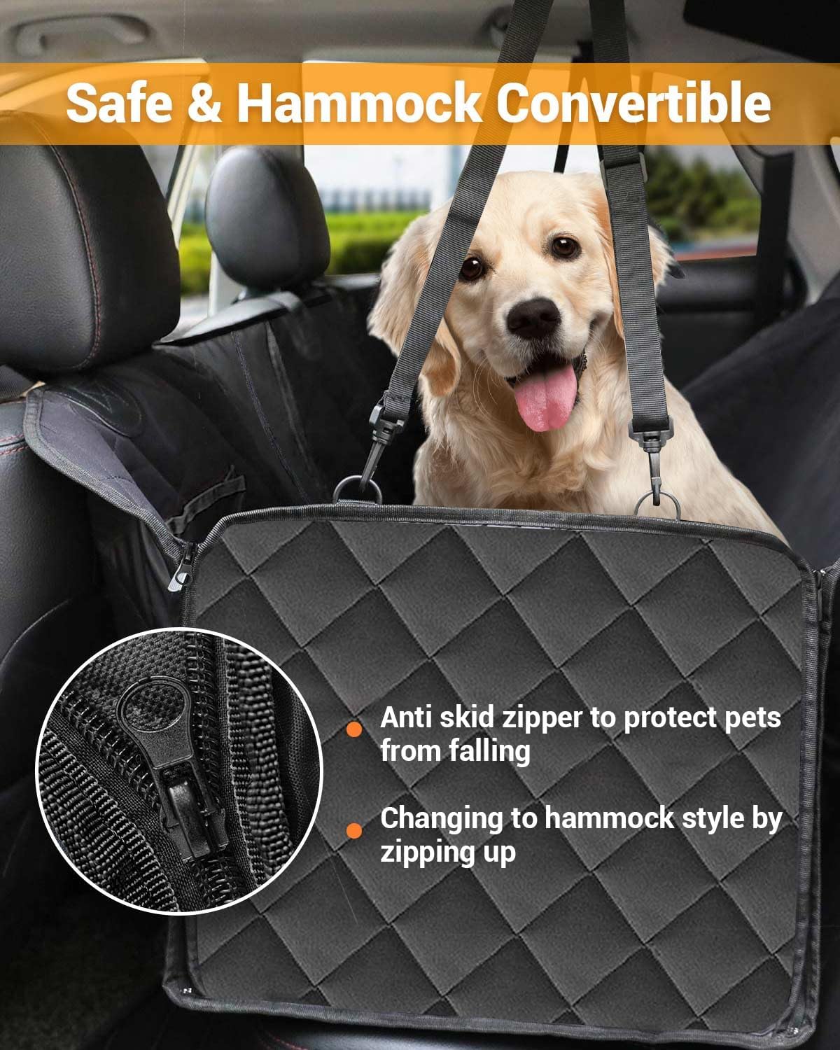 Dog Car Seat Cover, 600D Heavy Durable Dog Seat Cover for Back Seat, 100% Waterproof Scratch Proof Nonslip Dog Hammock for Car with Side Flap, Pet Back Seat Covers for Car with Seatbelt Black