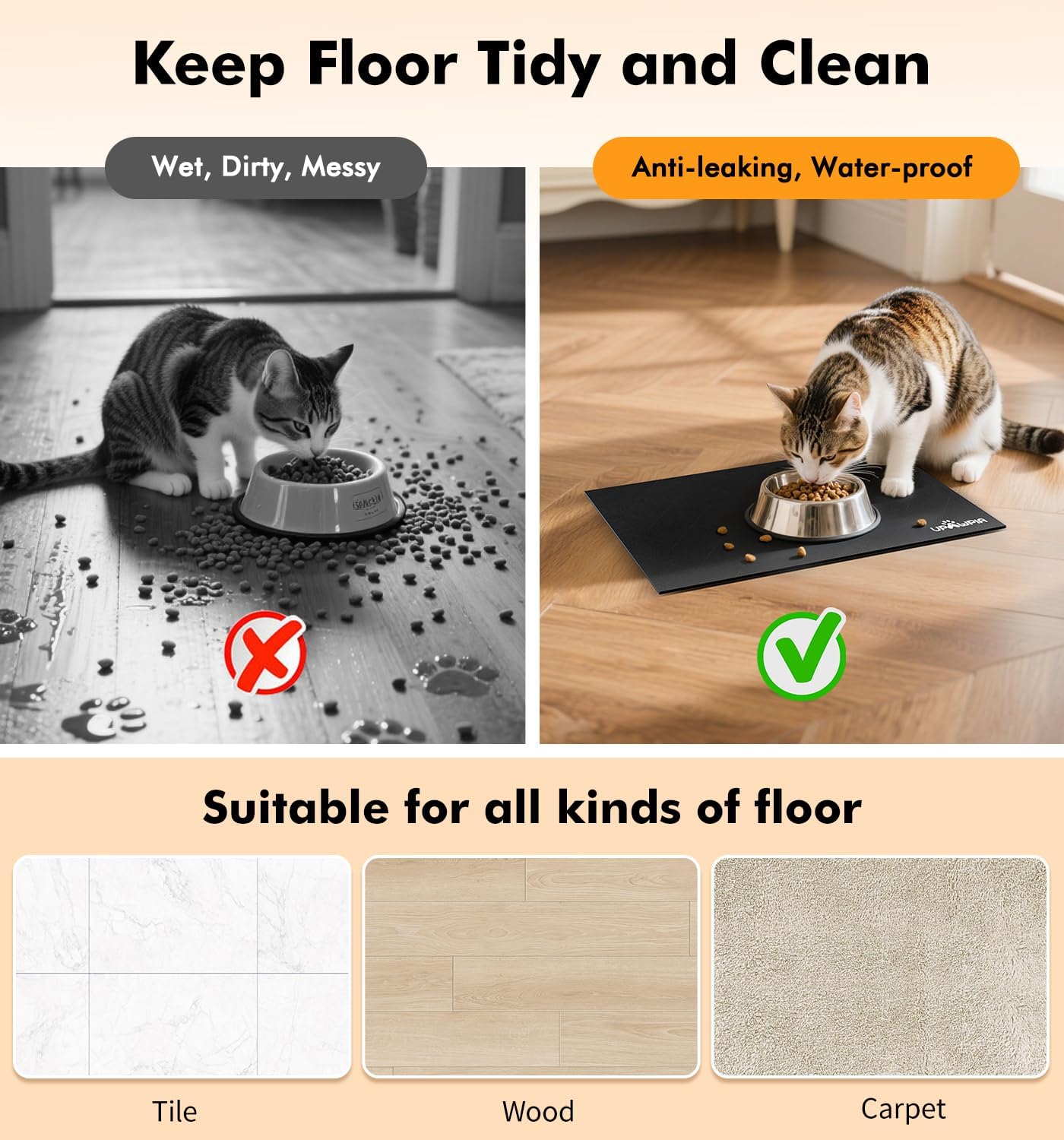 Pet Food Mat Absorbent Cat Food Mat Dog Mat for Food and Water Quick Dry No Stains Dog Feeding Mat Placemat for Messy Drinkers Cat Food Mats for Indoor Cats Bowl Mat Pet Supplies 12"X20" Black