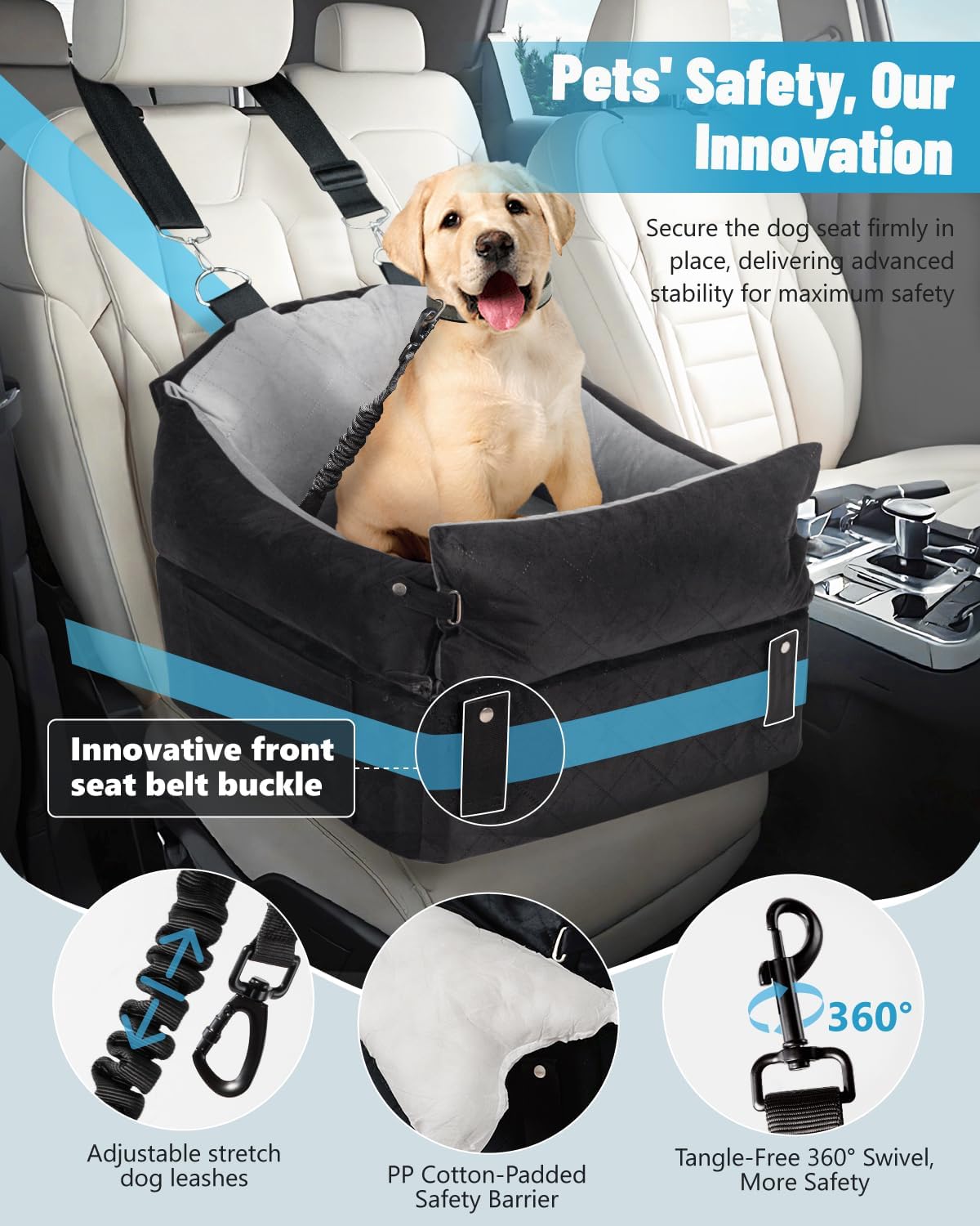 EASTBLUE Dog Car Seat for Small Medium Dogs Up to 35 lbs, Memory Foam Dog Booster Car Seat with Seatbelt, Detachable Washable Pet Carseat for Puppy & Cat, Dogs Travel Bed for Cars (Black/Grey)