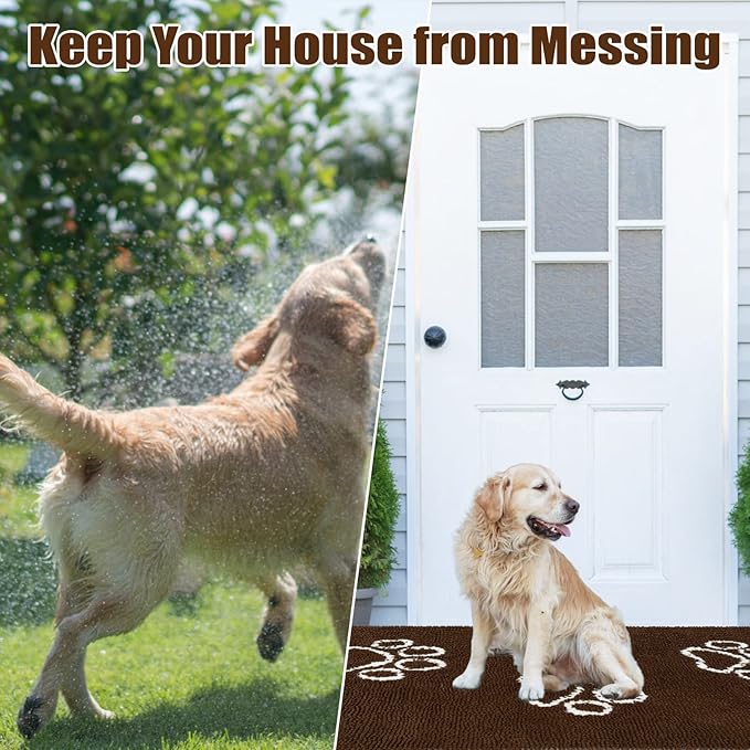 EXPAWLORER Dog Door Mat for Muddy Paws - Highly Absorbent Microfiber Rug, Soft Chenille Runner Indoor Outdoor Floor, Non-Slip Large Pet Paw Cleaning Washable Mud Mat for Bathroom, Brown