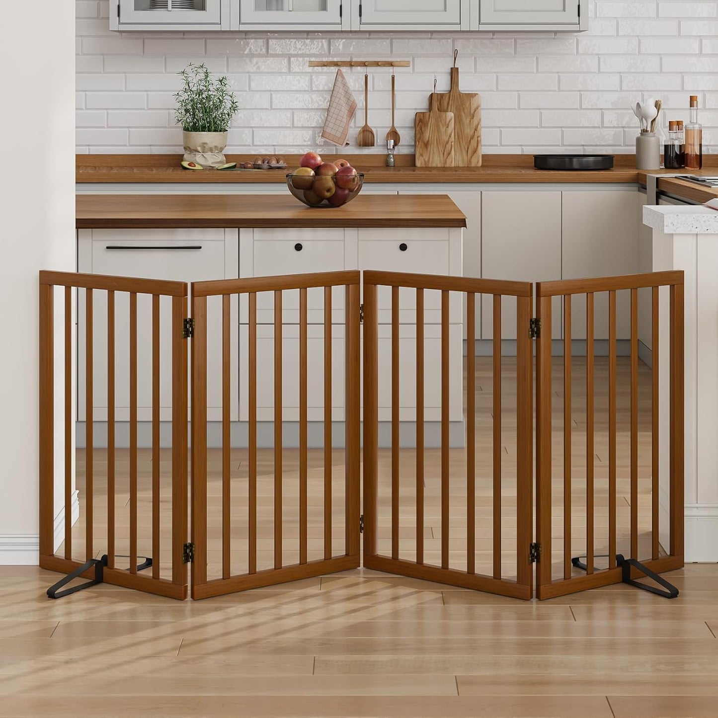 Dog Gate 32" Tall Foldable Dog Gate for Doorways Freestanding Pet Gate for Dogs Indoor (Walnut, 4 Panel)