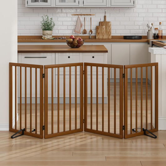Dog Gate 32" Tall Foldable Dog Gate for Doorways Freestanding Pet Gate for Dogs Indoor (Walnut, 4 Panel)
