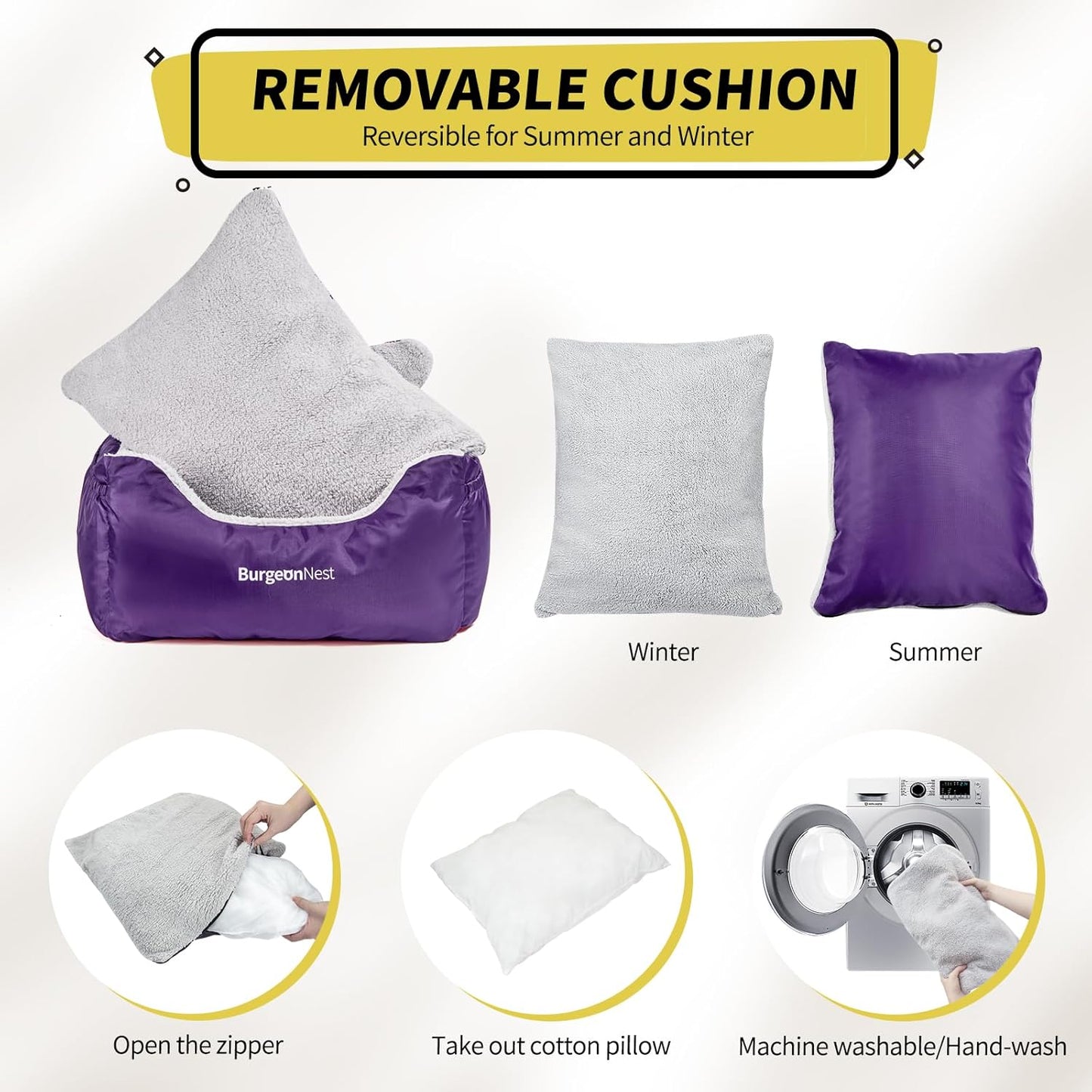 BurgeonNest Dog Car Seat for Small Dogs, Fully Detachable and Washable Cat Carseats Under 25 lbs, Soft Pet Booster Seats with Storage Pockets Clip-On Leash Portable Travel Carrier Bed, Purple