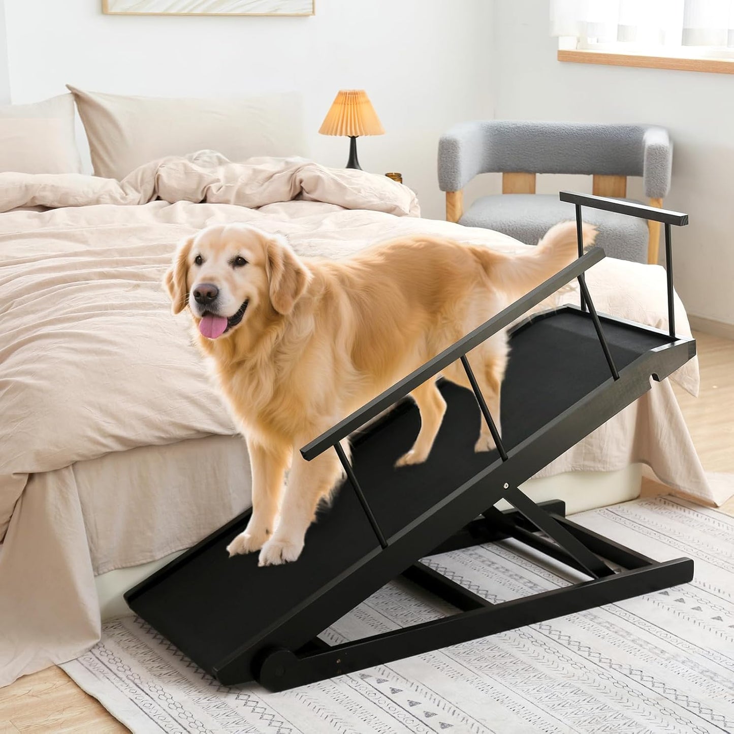Dog Ramp for Bed and Couch- 5 Height Adjustable Solid Wood Pet Ramp for Small, Medium & Large Dogs, Collapsible Anti-Slip Dog Ramp for Sofa, Couch & Beds (Black, 115)