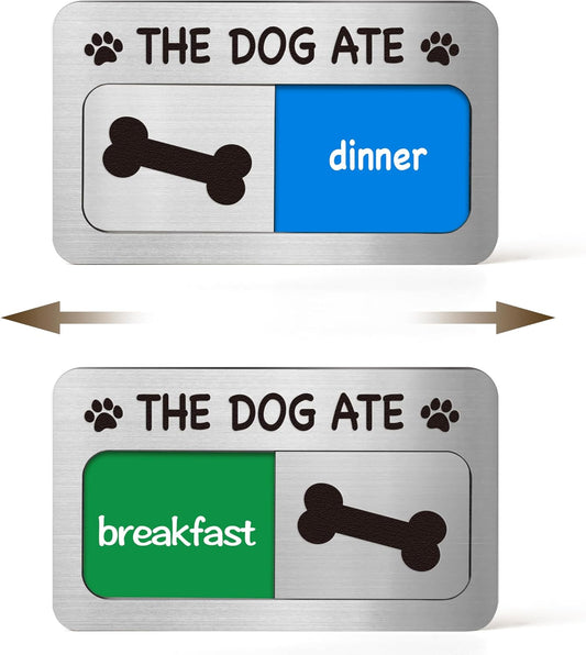 Dog Feeding Reminder Sign with Magnet, Pet Feeding Tracker with The Dog Ate, Acrylic Dog Paw 2 Area Feed Sign with Breakfast and Dinner for Fridge, Brushed Silver with 2 Stickers, 4.7" x 2.7"