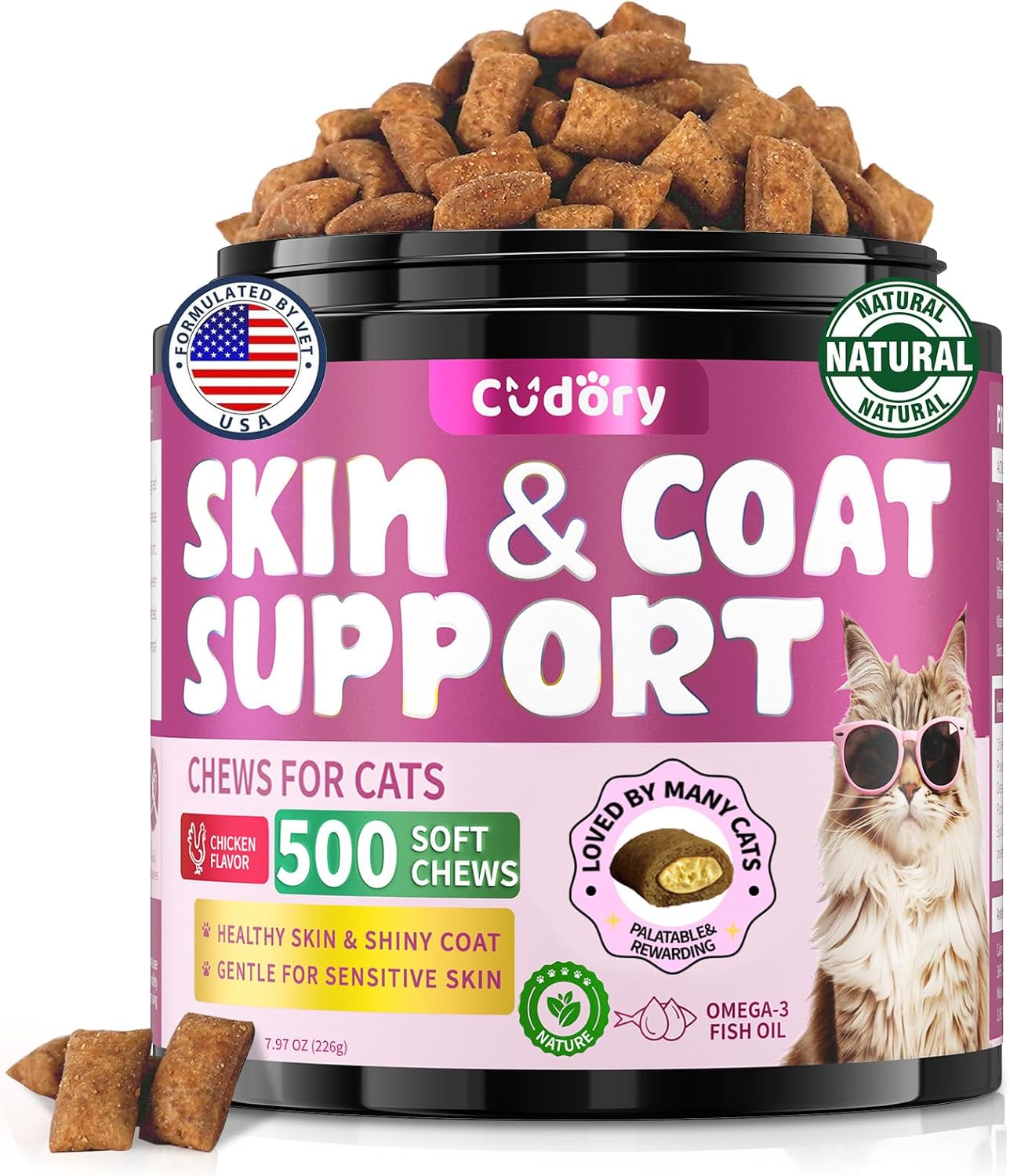 Natural Skin and Coat Support for Cats - Crunchy & Creamy Chews with Omega 3, Biotin & Vitamin E for Healthy Skin, Shiny Fur, Cat Supplements & Vitamins -Chicken（500 Chews