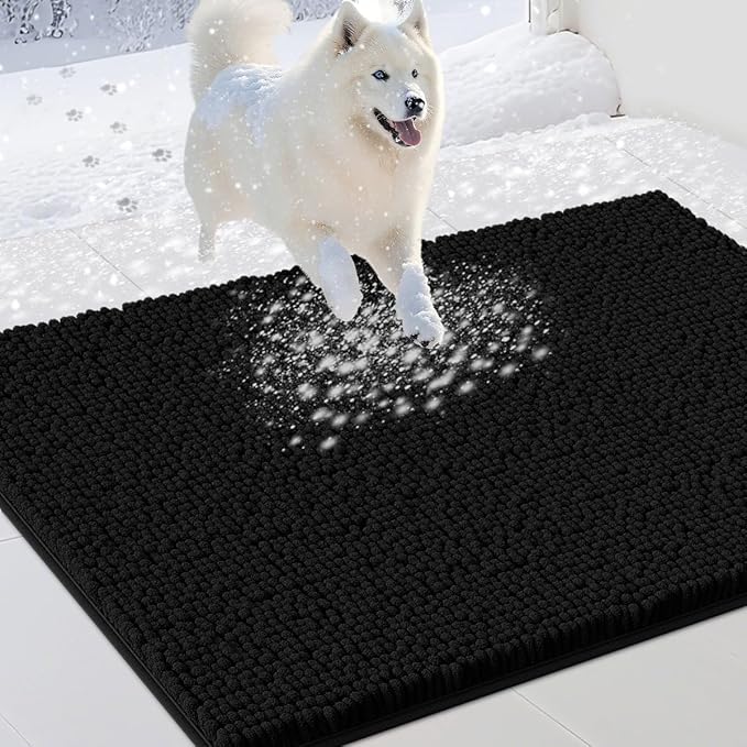 Dog Door Mats for Muddy Paws, Chenille Absorbent Door Mats, Non Slip Heavy Mud Mat for Dogs, Soft Indoor Door Mat for Entryway, Mud Paws, Inside Floor,36" X 24", Black