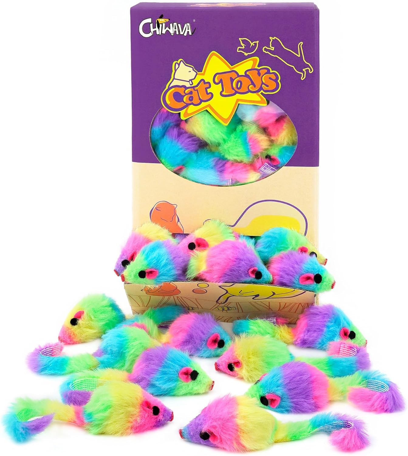 CHIWAVA 36PCS 1.8" Rainbow Color Furry Cat Toy Mice with Rattle Kitten Mouse Interactive Play