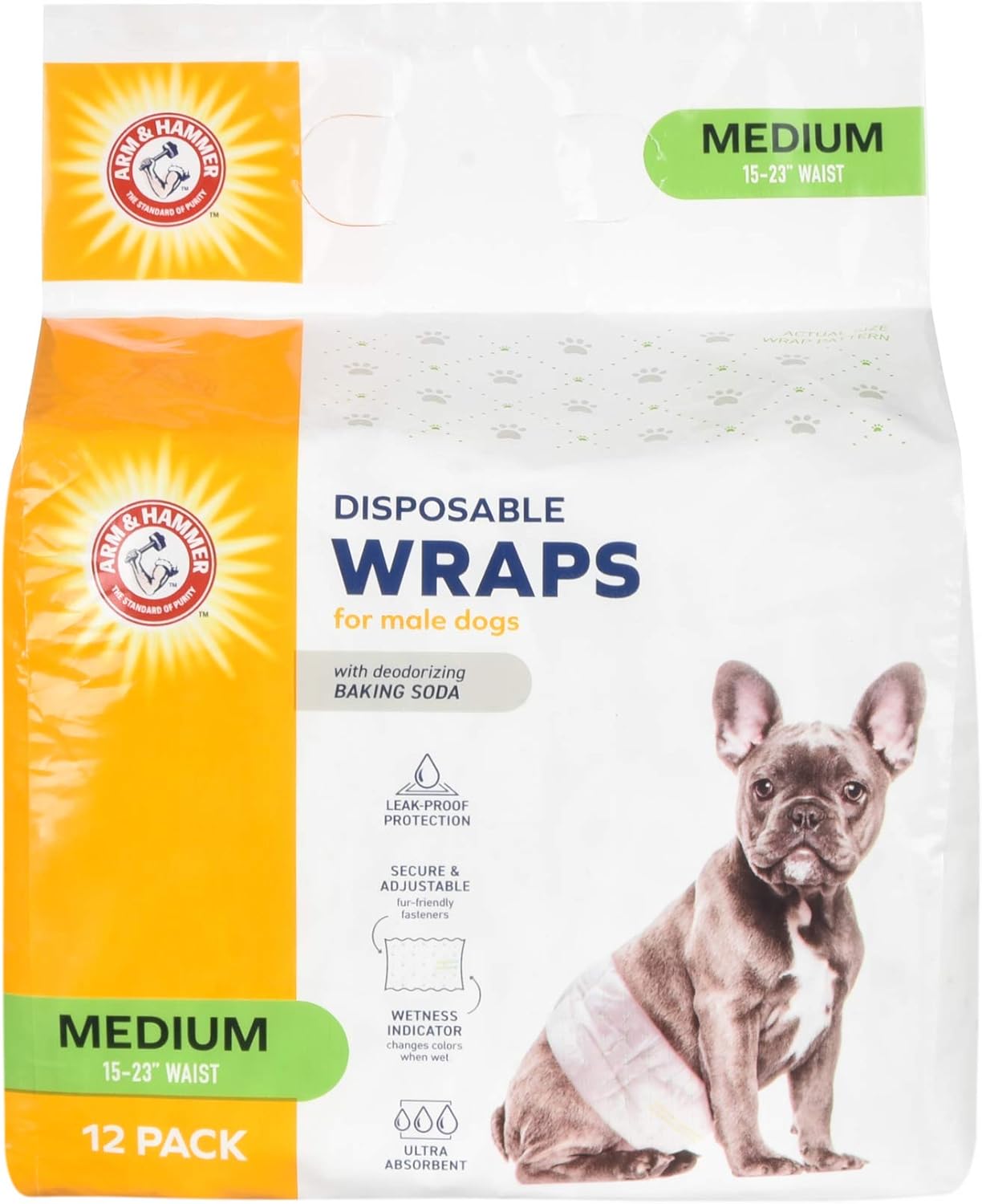 Arm & Hammer For Pets Male Dog Wraps, Medium 12 Ct | Ultra-Absorbent, Adjustable Male Dog Diapers with Leak-Proof Protection & Wetness Indicator | Arm & Hammer Baking Soda Enhanced for Odor Control