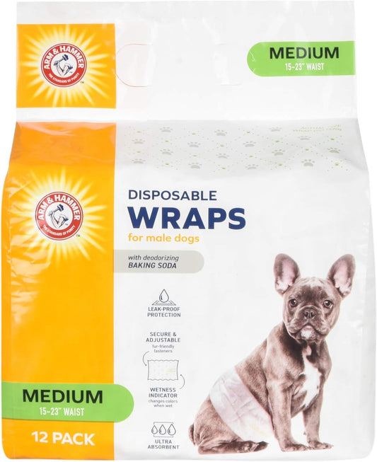 Arm & Hammer For Pets Male Dog Wraps, Medium 12 Ct | Ultra-Absorbent, Adjustable Male Dog Diapers with Leak-Proof Protection & Wetness Indicator | Arm & Hammer Baking Soda Enhanced for Odor Control