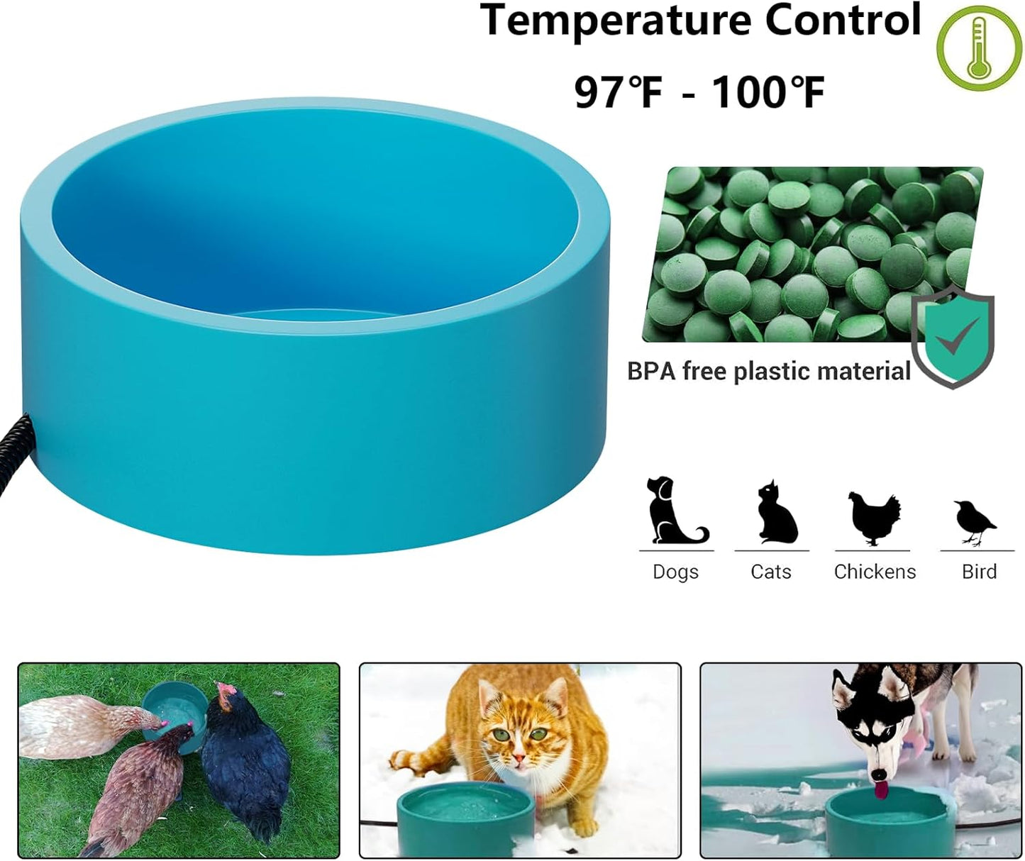 Heated Water Bowl for Dog & Cat, Outdoor Heated Dog Bowl with Chew Resistant Power Cord, Waterproof Heated Pet Bowl Smart Thermal-Dish in Winter for Dog Cat Chicken Duck, 108 OZ 30 Watts