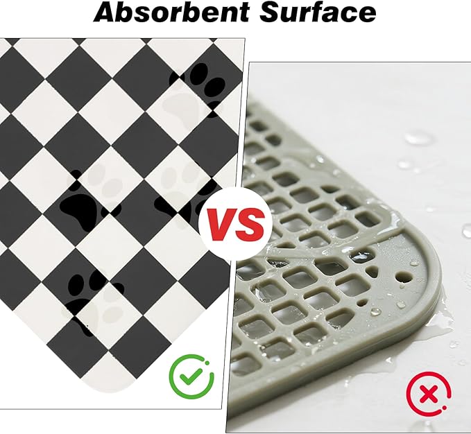 Checkered Pet Feeding Mat, Absorbent Dog Mat for Food and Water Bowls Dispenser 12" x 20" Black