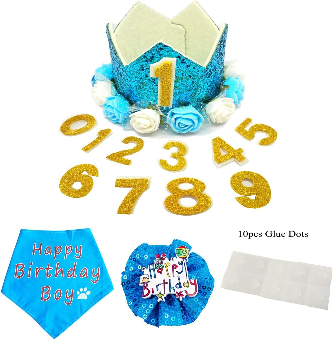 PET SHOW Blue Crown Dog Birthday Party Hat with Bandana and Collar Bows Charms Costume Set Reusable Birthday Party Headband Puppies Cat Kitten Hats with 0-9 Figures Charms Grooming Accessories