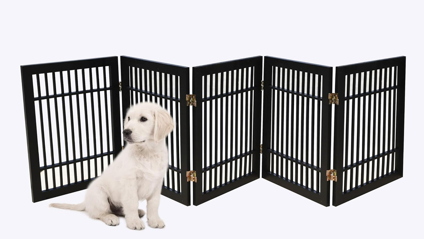 Pet Dog Gate Strong and Durable Freestanding Folding Acacia Hardwood Portable Wooden Fence Indoors or Outdoors by Urnporium (Black Pet Gate, 5 Panel 24" Tall)