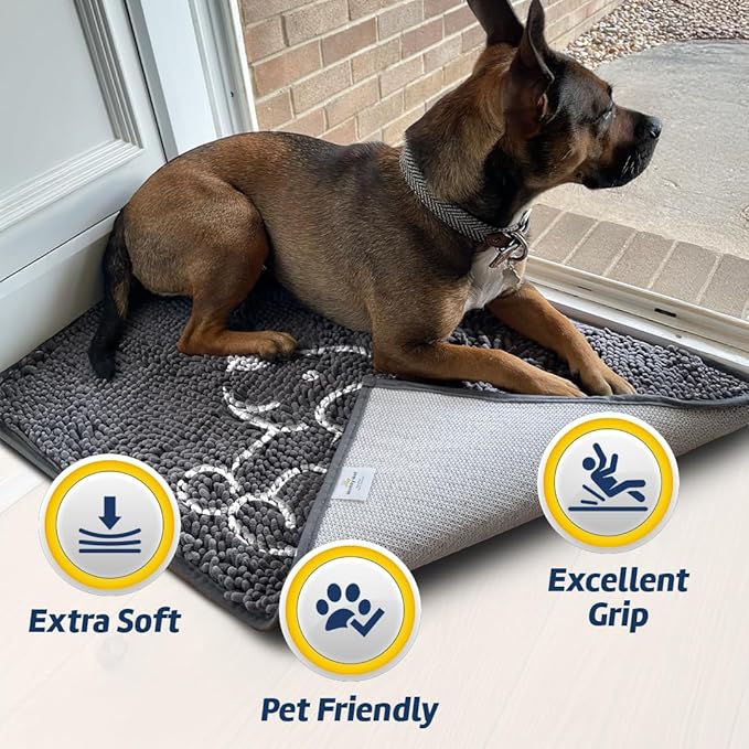 Muddy Mat® Lazy Dog Door Embroidery Mat Super Absorbent Microfiber Indoor Outdoor mat for Muddy Paws, Non-Slip Washable Pet Rug, Quick Dry Chenille Entryway Carpet, Machine Washable – Grey 19”x30”