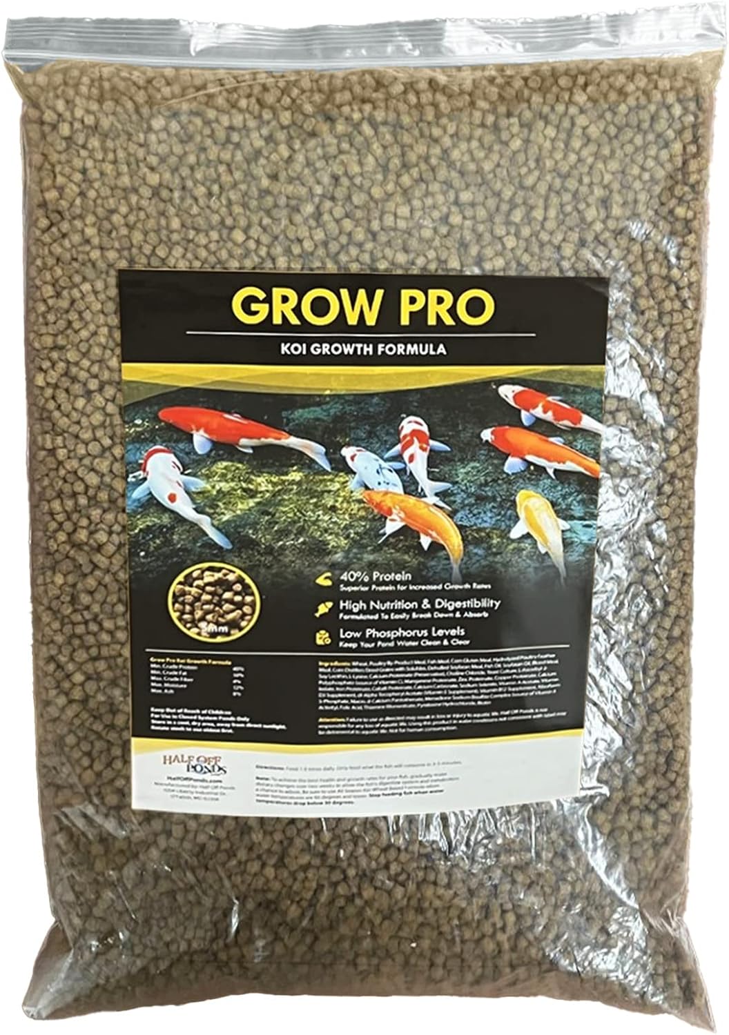 HALF OFF PONDS Grow Pro Koi and Goldfish Food with High-Protein Growth Formula 5 lb Bag - KOIGP-005