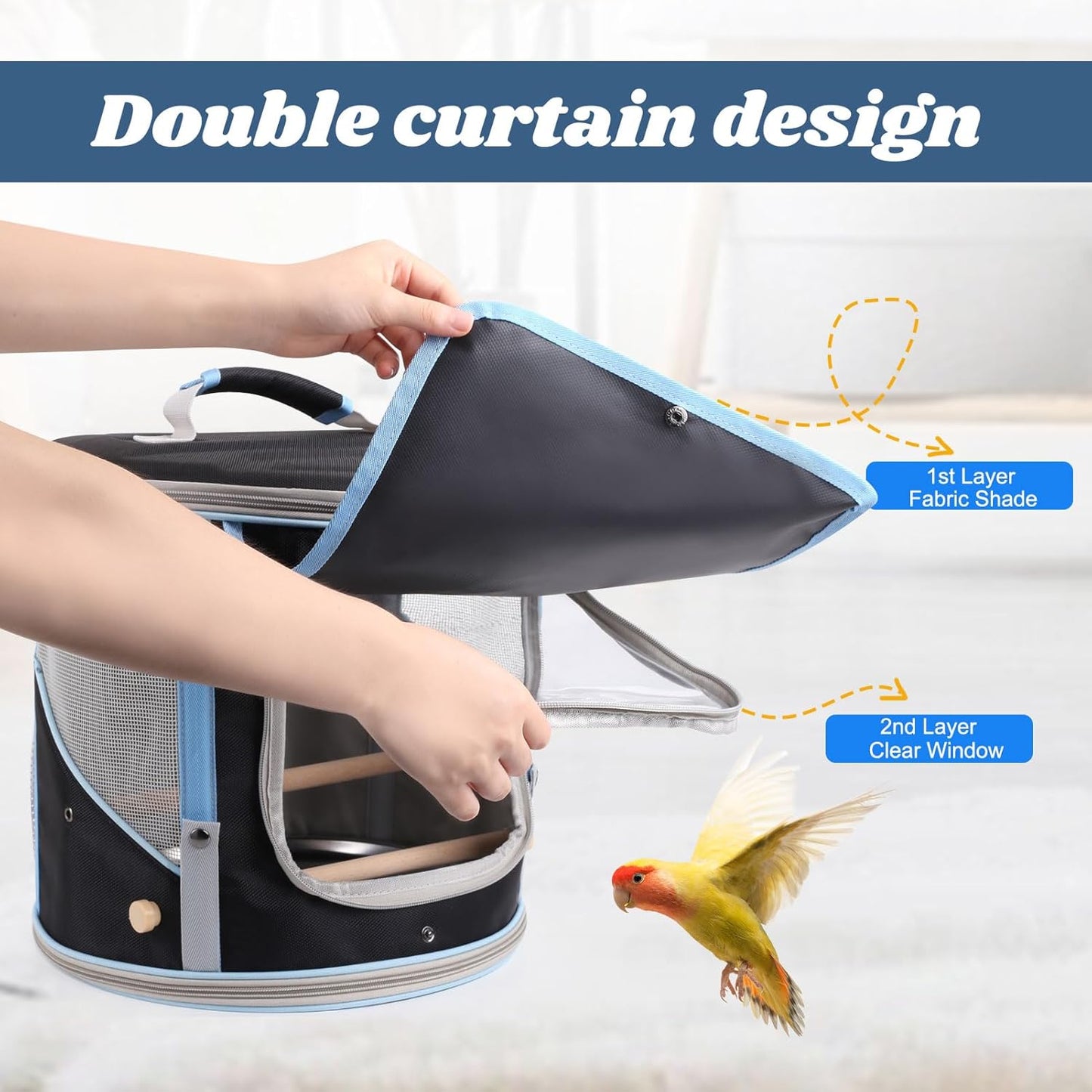 Bird Carrier with Clear Windows, Large Size, Portable Handle, 10 Ventilation Holes, Wooden Perch, Metal Tray, Side Access (Black Oxford, Medium)