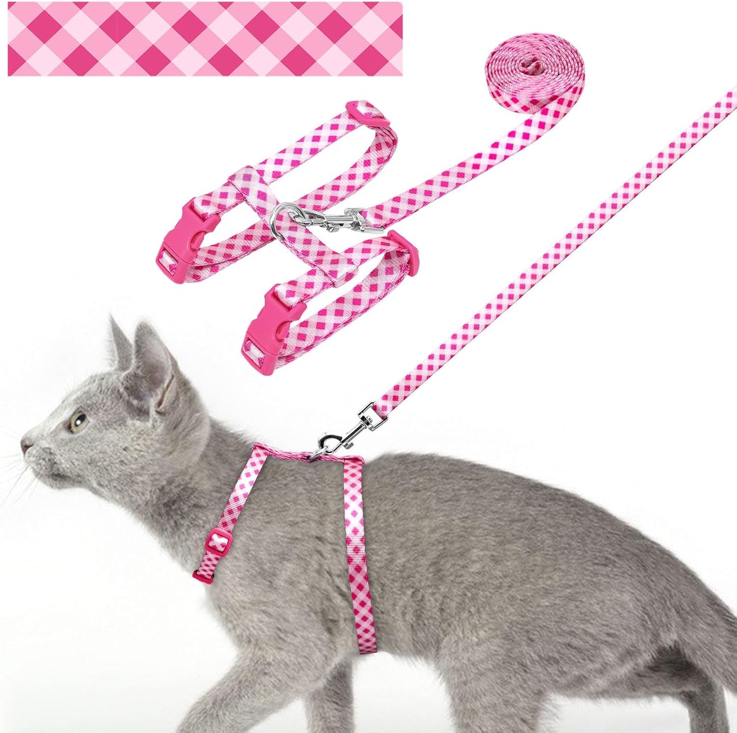 azuza Cat Harness and Leash Set for Safe Walking and Travel, Escape Proof Cat Harness, Lightweight Soft and Comfortable, Adjustable Kitten Harness for Small Medium Large Cats, Pink Plaid