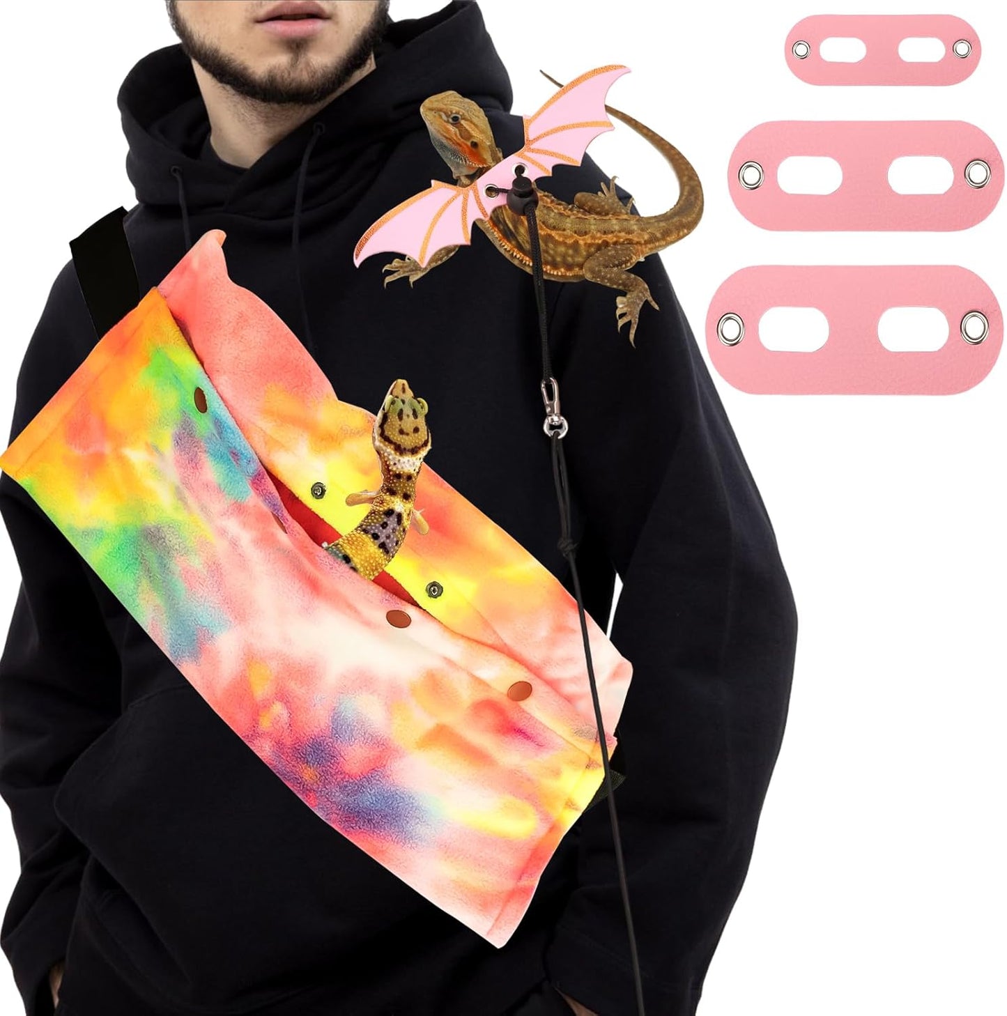 Bearded Dragon Carriers and Leather Leash with Wings,Bearded Dragon Leash Lizard Adjustable Harness,Small Pet Backpack Batwing Accessories for Outdoor Travel Walking Rest