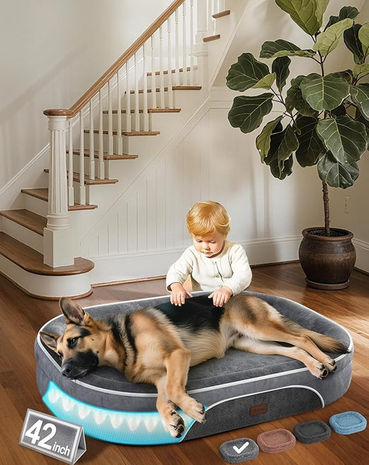 OhGeni Orthopedic Big Dog Couch Pet Sofa XL Sized Cat Beds with Comfort Foam Support, Soft Comfortable Fabric, Machine Washable Waterproof Removable Cover, 42-Inch (Gray)