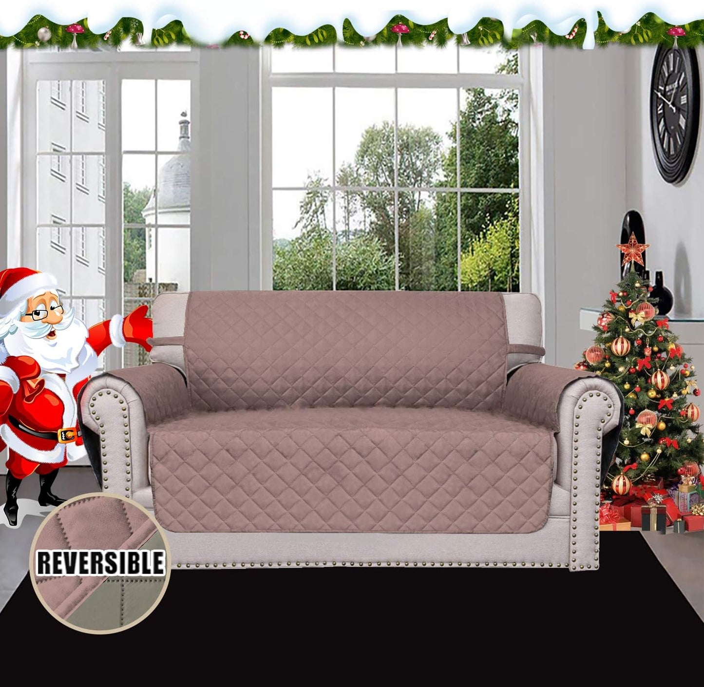 Easy-Going Reversible Loveseat Couch Cover for 2 Cushion Couch Sofa Cover for Dogs Water Resistant Furniture Protector with Foam Sticks Elastic Straps for Pet (Loveseat, Pink/Beige)