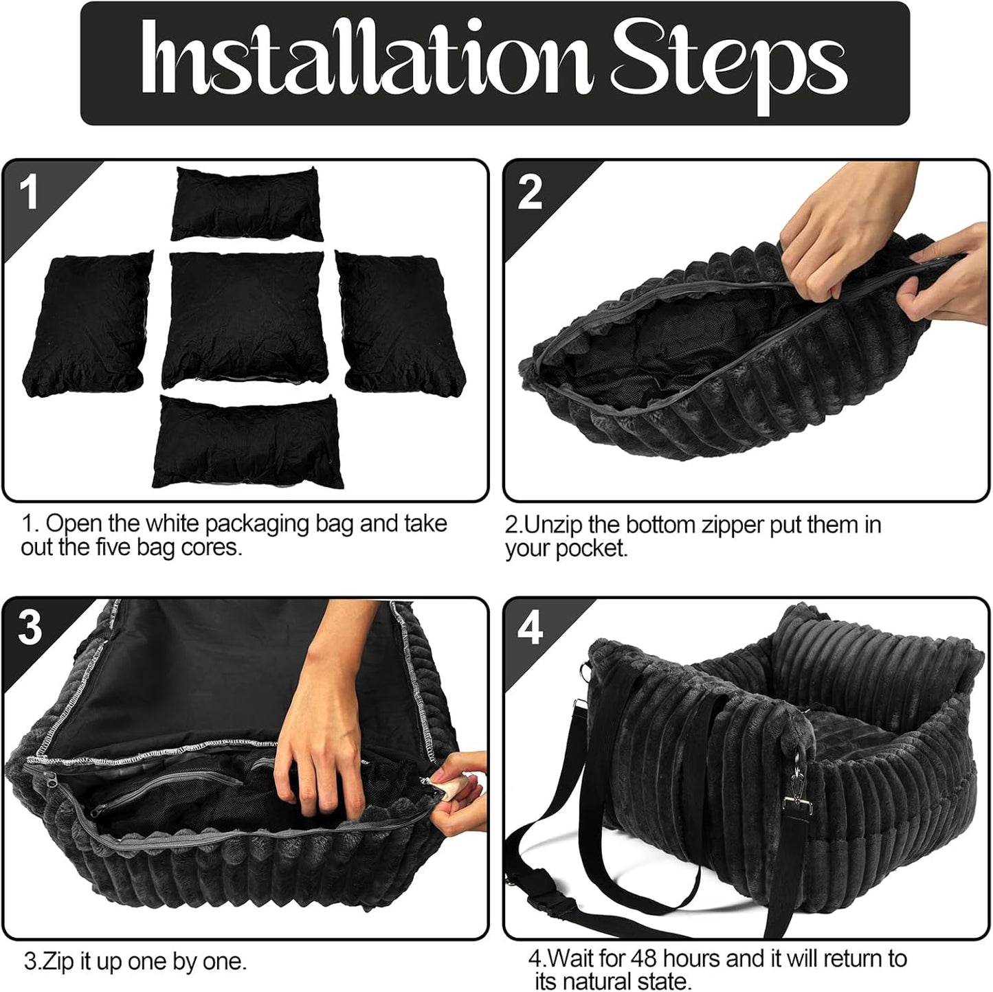 Dog Car Booster Seat, for Small Dogs Under 30 lbs, Detachable Washable Travel Bed with Storage Pockets and Safety Belt (Black, Medium)