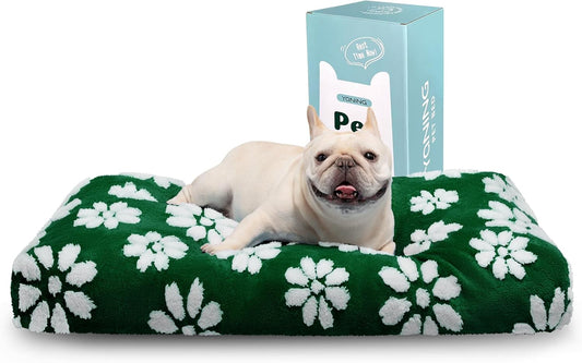 Dog Beds for Small Medium Dogs, Cute Thick Dog Bed for Crate Kennel, Fluffy Pet Bed with Removable Washable Cover and Anti-Slip Bottom, 30"x 20", Green Flower