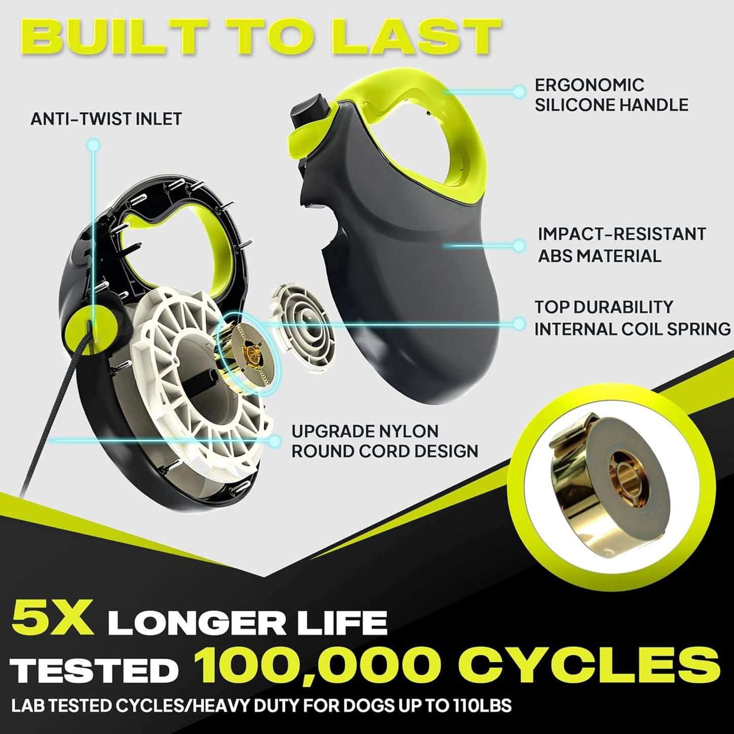 Fida 30ft Upgraded Retractable Dog Leash, Heavy Duty Pet Walking Leash for Medium/Large Breed up to 110 lbs, 360° Tangle-Free Long Retract Dog Lead, Soft Grip, One-Hand Brake, Neon Yellow