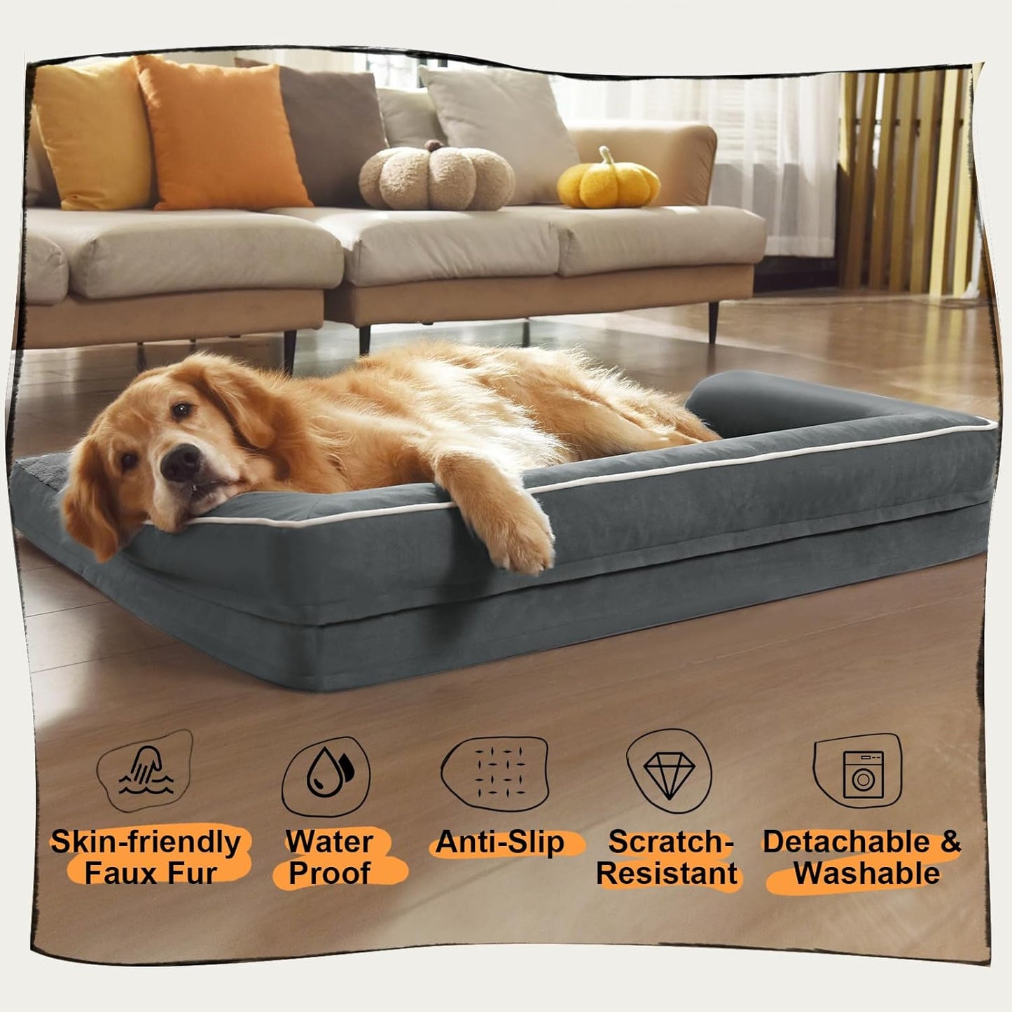 Extra Large Dog Bed-Orthopedic Waterproof XL Dog Bed for XLarge Extra Big Dogs - Foam Couch Sofa Washable with Removable Cover-Dark Grey