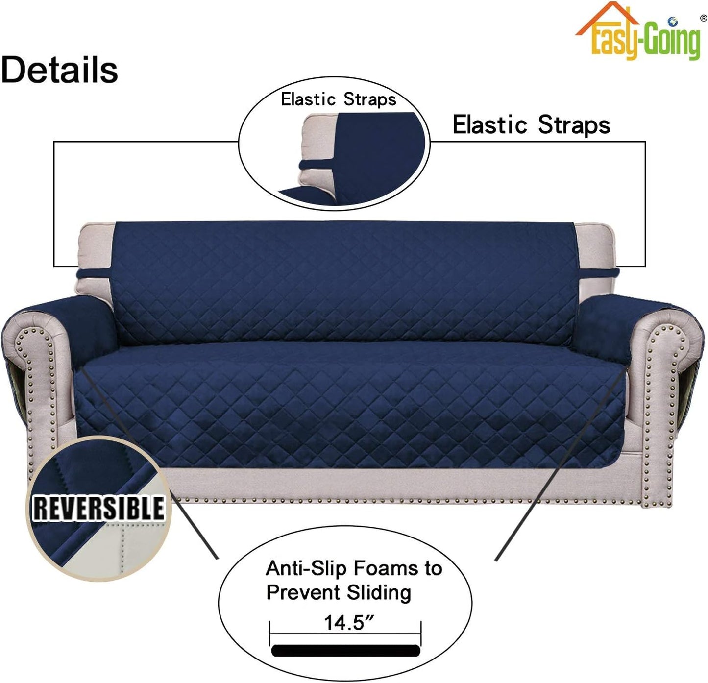 Easy-Going Reversible Oversized Couch Cover for 3 Cushion Couch Sofa Cover for Dogs Water Resistant Furniture Protector Cover with Foam Sticks for Pet Cat (Oversized Sofa, Navy/Ivory)