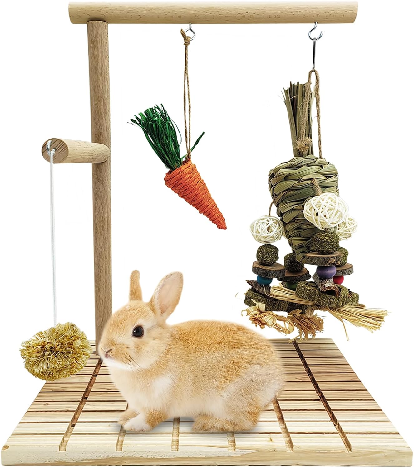 Hamiledyi Rabbit Wood Scratching Board Feet Pad Platform Bunny Claws Teeth Chew Toys Natural Fruit Wood Rabbit Toys Grass Timothy Ball for Guinea Pigs Chinchilla Hamsters Other Rodent Pets