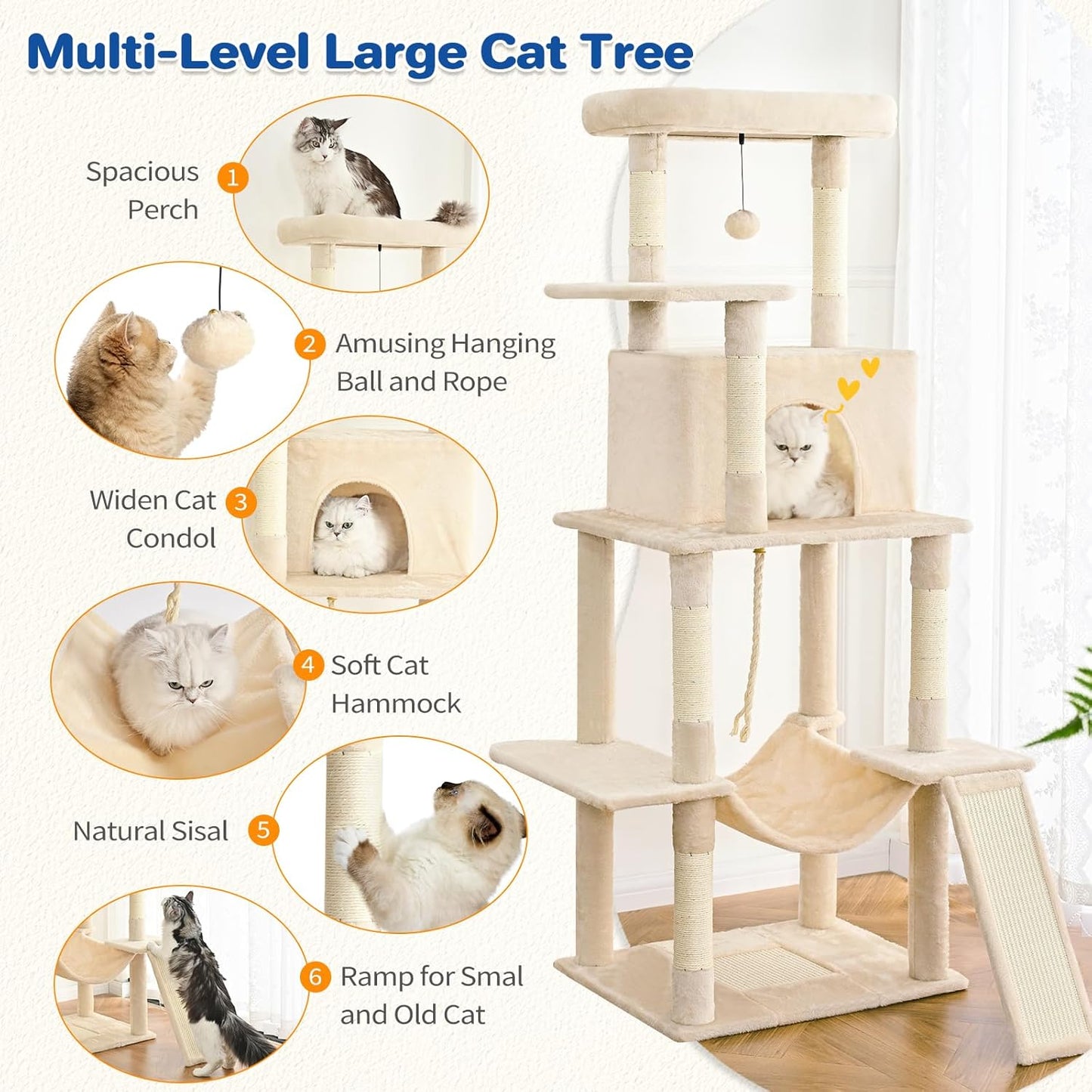 Cat Tree Tower 63in Multi-Level Cat Tower for Indoor Cats with Sisal Scratching Posts, Condo, Hammock, Dangling Ball and Extended Platform for Cats to Play, Beige
