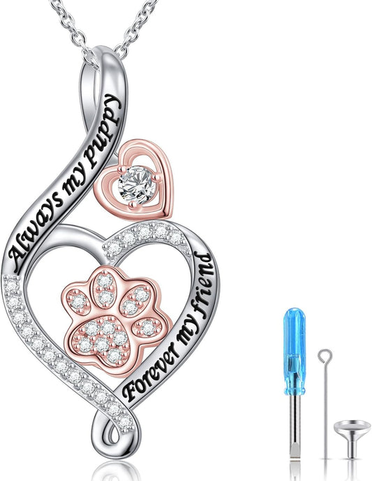 DAOCHONG 925 Sterling Silver Pet Urn Necklace Paw Print Memorial Ash Jewelry with Filling Kit
