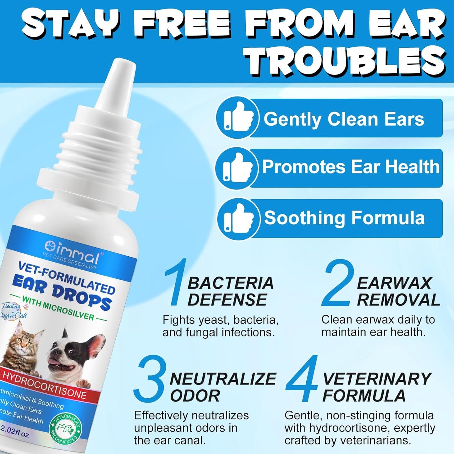 Cat & Dog Ear Infection Treatment Drops, Cat & Dog Ear Cleaner for Itchy Ear Relief, with 1% Hydrocortisone for Dog Ear Infections, Relieve Itchy Ears- 2.02 Fl.Oz
