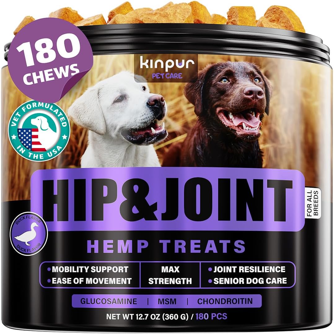 Hemp Joint Supplement for Dogs - Dog Joint Supplement with Glucosamine, Chondroitin, MSM - Supports Hip and Joint Heath, Better Mobility, Skin and Coat - for All Breeds and Ages - 180 Dog Chews, Duck