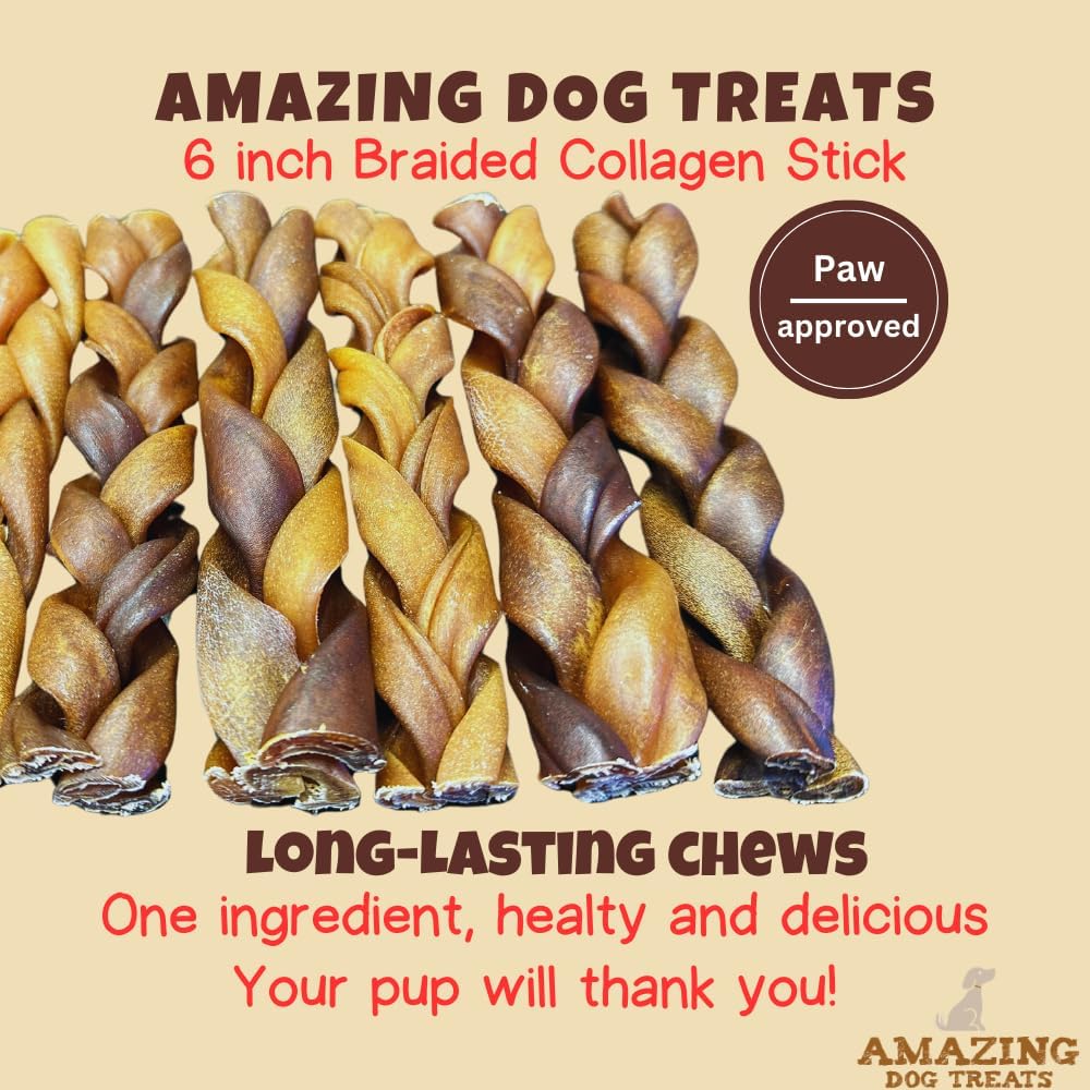 Amazing Dog Treats - 6 Inch Braided Collagen Sticks for Dogs - (10 Count) - Collagen Bully Sticks for Dogs