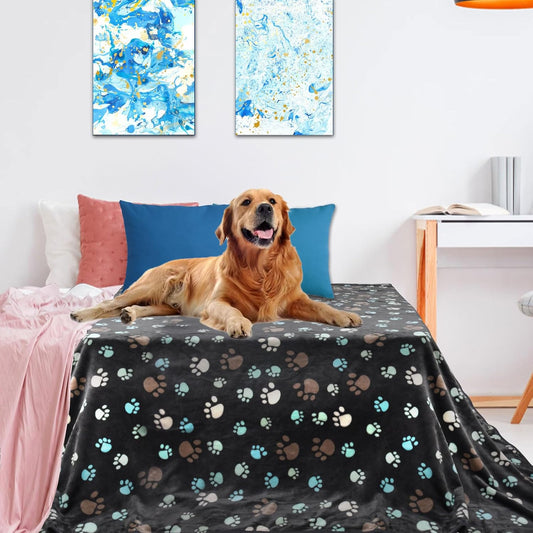 Dog Blanket for Large Dogs, Cat Flannel Washable Soft Pet Mat Throw Cover for Kennel Crate Bed, Cute Paw Pattern, Grey, 80x60 Inch