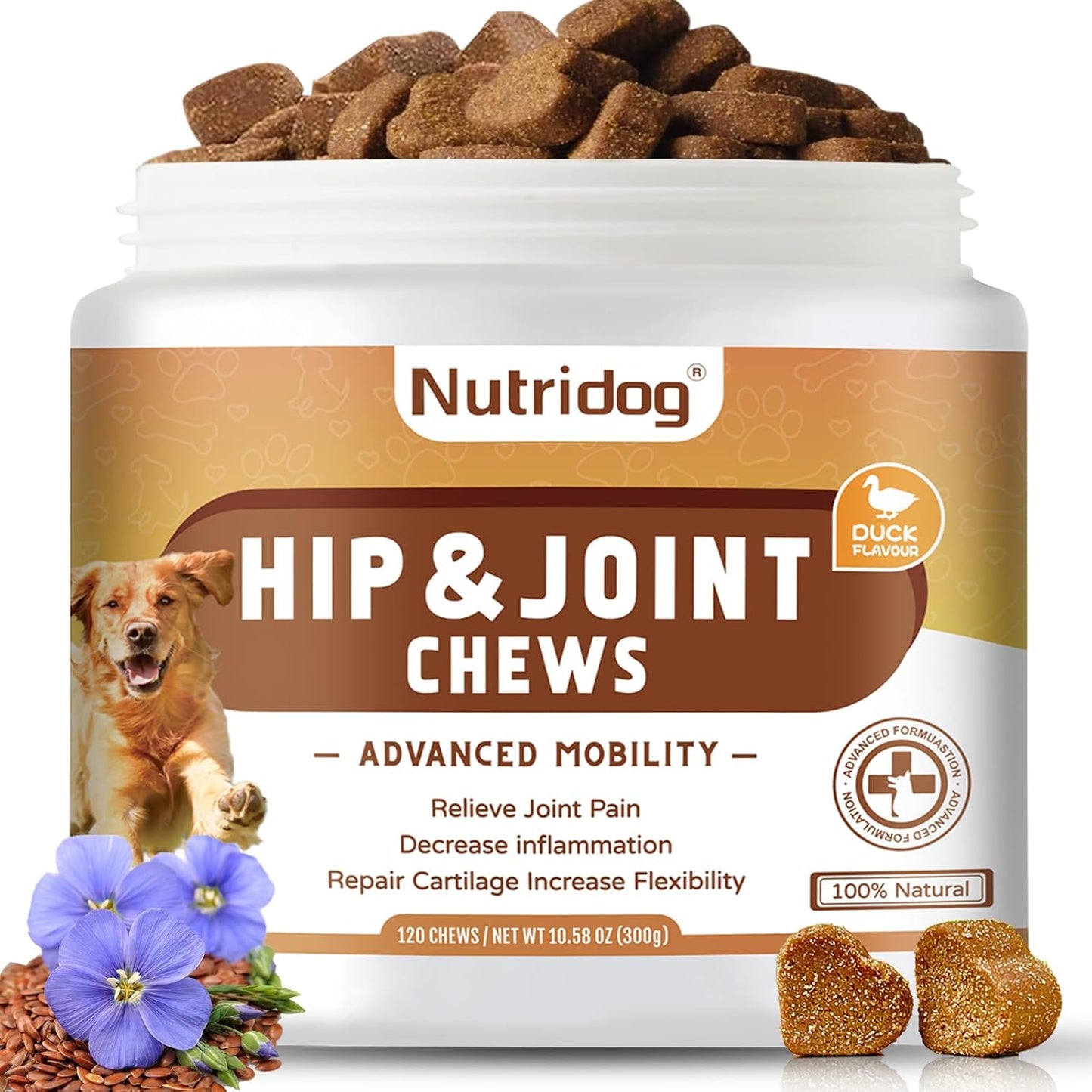 Hip and Joint Supplement for Dogs with Glucosamine, Chondroitin & MSM - Duck Flavor Joint Care Chews, 120 Count - Advanced Mobility Support - Senior Dog Approved (Duck)