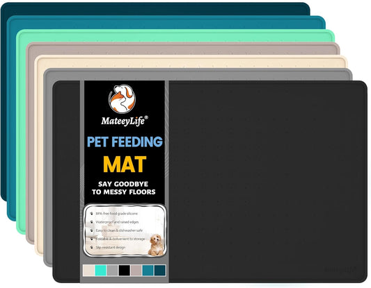 MateeyLife Dog & Cat Food Mat for Floors Waterproof, Nonslip Pet Feeding Mats with Raised Edges, Silicone Matt Tray for Messy Drinkers, 22"x14", Black