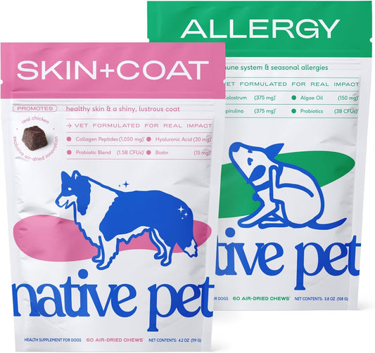 Native Pet Allergy Chews (60 Air-Dried Chews) & Omega Skin and Coat Chews for Dogs (60 Air-Dried Chews) - Promotes Healthy Skin, Shiny Coat, & Digestive Support