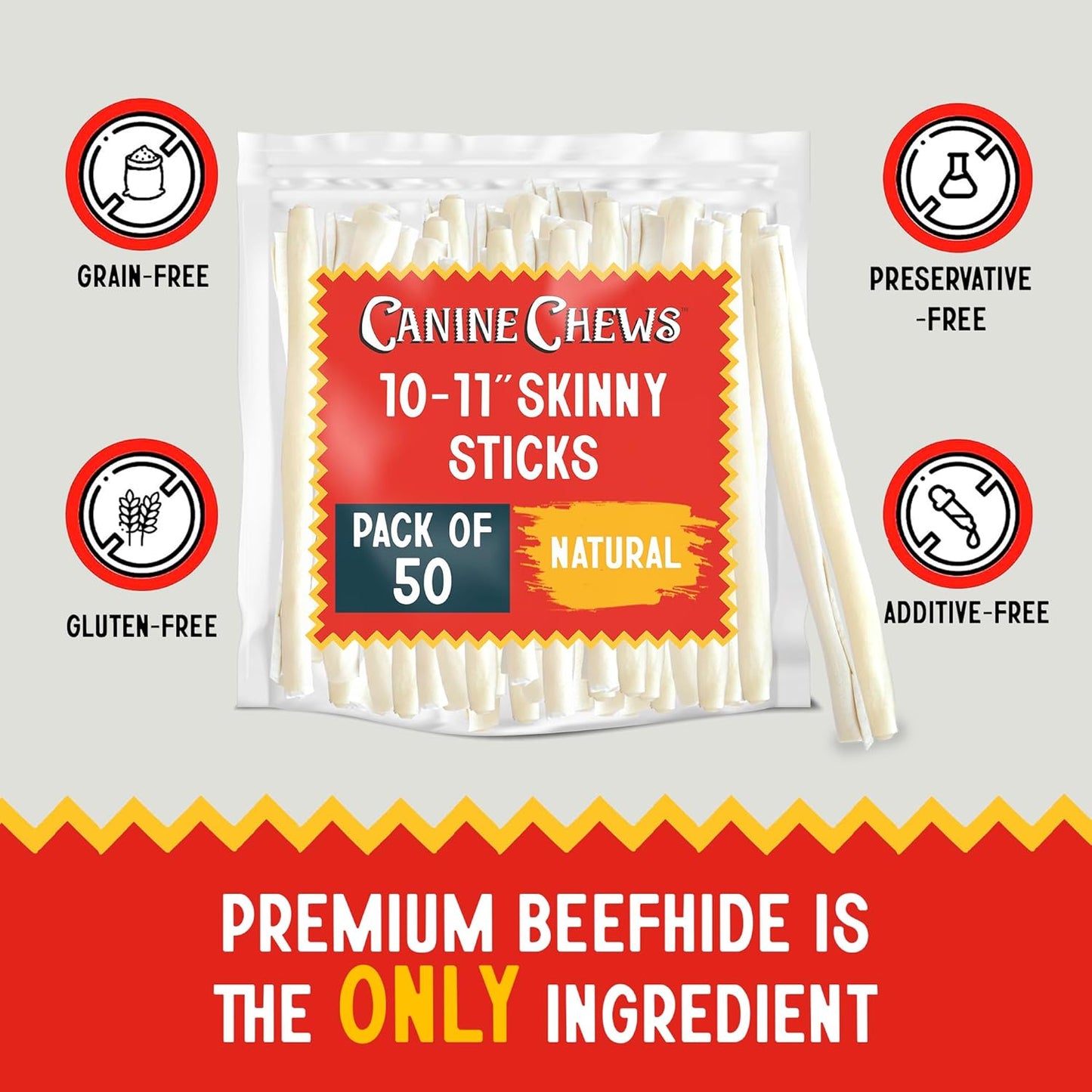 Canine Chews 10-11" Retriever Stick Rolls Rawhide for Dogs Skinny Sticks for Small Aggressive Chewing Dogs (50 Pack)