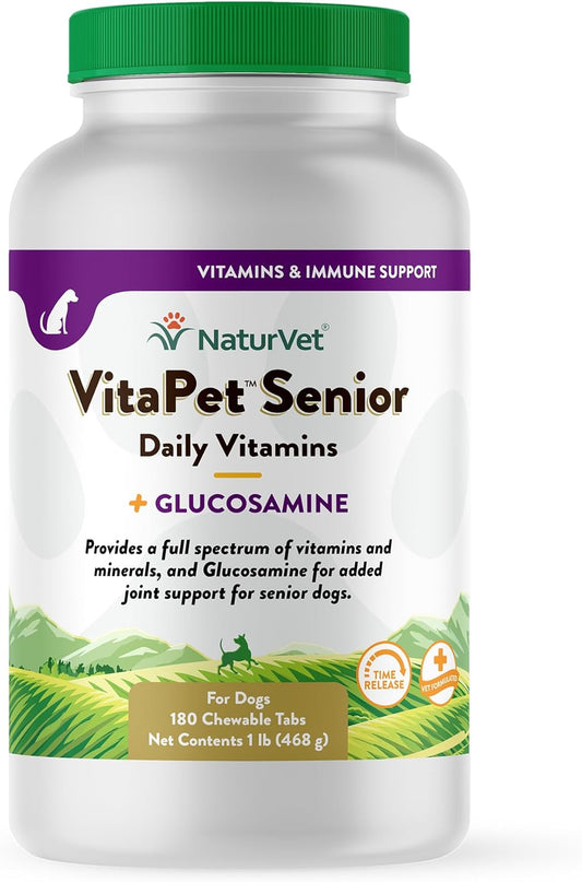 NaturVet VitaPet Senior Daily Vitamins Plus Glucosamine, Dog Multivitamin Supplement, Chewable Tablets, Time Release, Made in The USA with Globally Source Ingredients 180 Count