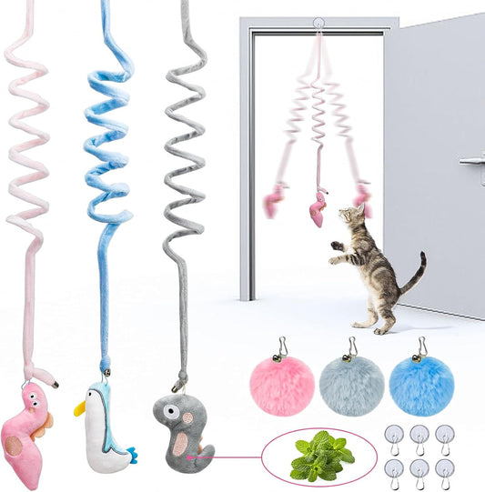 Hanging Retractable Catnip Cat Spring Toys,Fluffy Ball Cat Toys with Bell,6 Pack Hanging Interactive Teaser for Indoor Kittens,Promotes Exercise, Chase & Play, Kitten-Safe Bouncy Fun