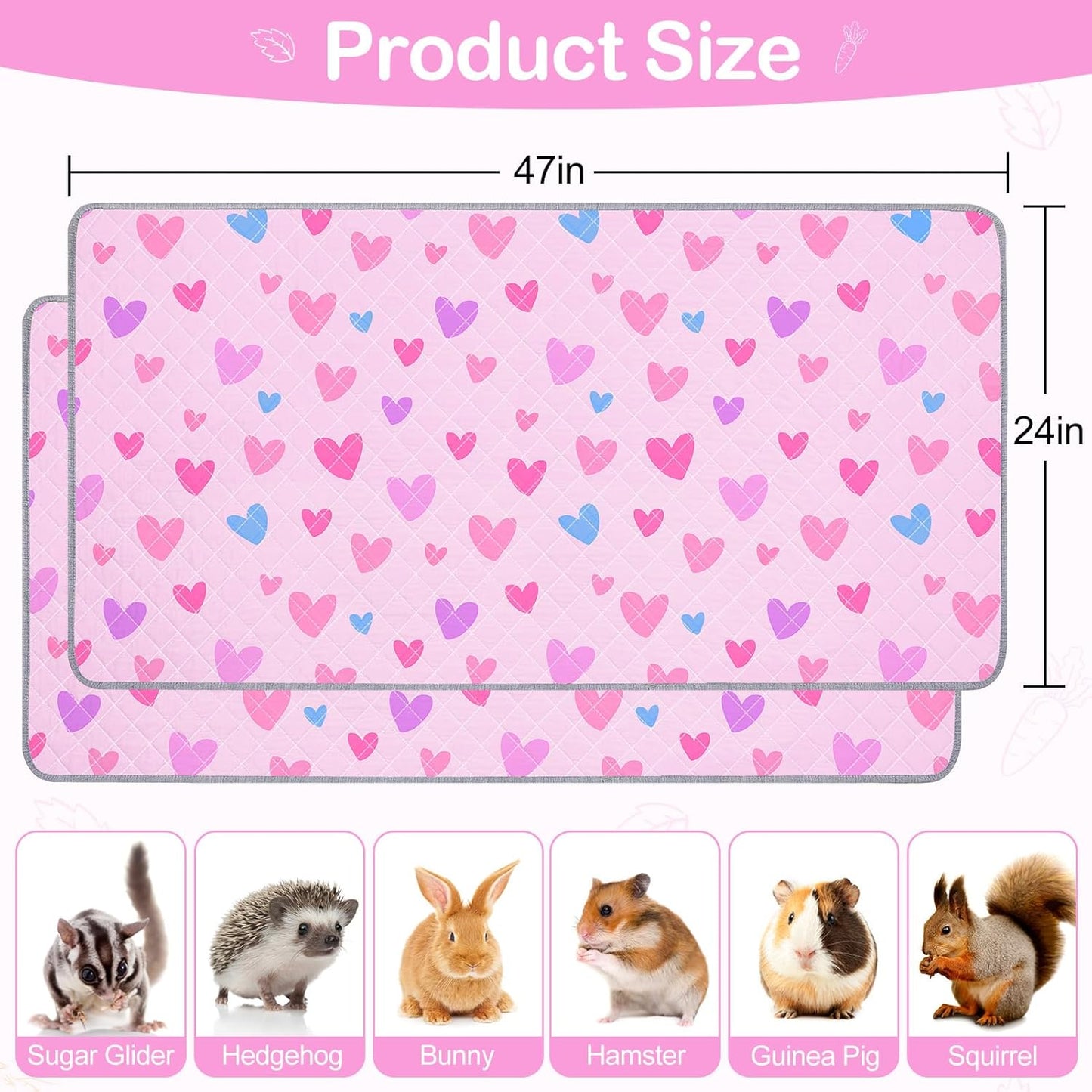Bienbee Guinea Pig Bedding, 2 Pack 47" x 24" Reusable Guinea Pig Cage Liner Waterproof and Absorbent Small Animal Bedding Washable Guinea Pig Pee Pads for Small Pet Hamster Rabbit Squirrel, Pink
